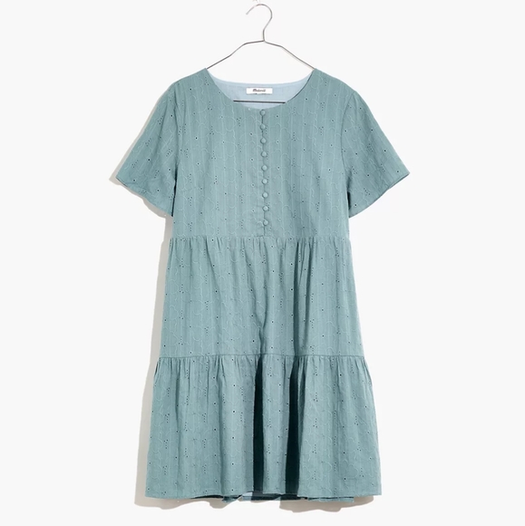 Madewell Embroidered Eyelet Tiered Button-Front Dress in Summer Breeze. - Picture 4 of 12